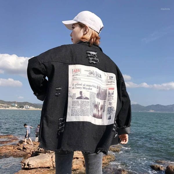 

2020 spring denim coat women long sleeve plus size printed jean jacket hole boyfriend style streetwear jackets overcoat1, Black;brown