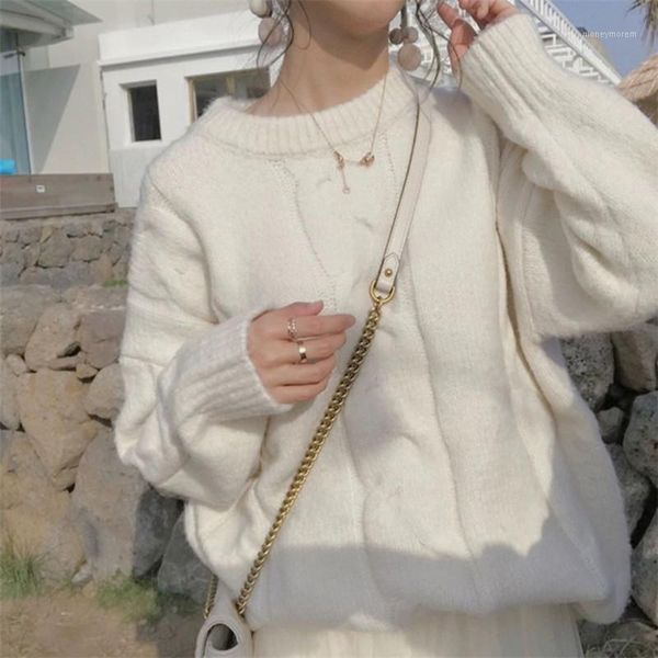 

women's sweaters 2021 winter soft milk blue retro japanese style thick lazy fashion loose outer wear pullover sweater female y1171, White;black