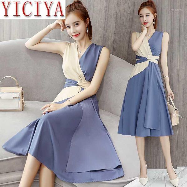 

2020 women elegant patchwork midi tank chiffon dress high waist sleeveless v-neck dresses with sashes blue vestidos feminina1, Black;gray