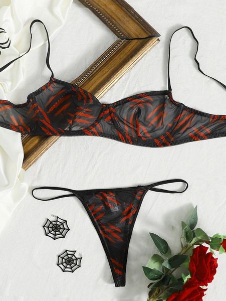 

plus halloween scratch print underwire lingerie set 60nk#, Black;white
