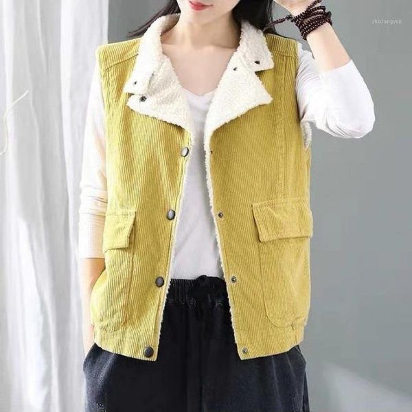 

vintage thick velvet women's vest jacket autumn winter 2020 sleeveless casual korean button pocket corduroy velvet warm cardigan1, Black;white