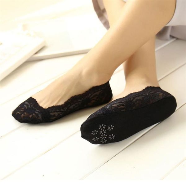 

socks & hosiery summer women girl silica gel lace boat invisible cotton sole non-slip antiskid slippers anti-slip sock 1pair, Black;white