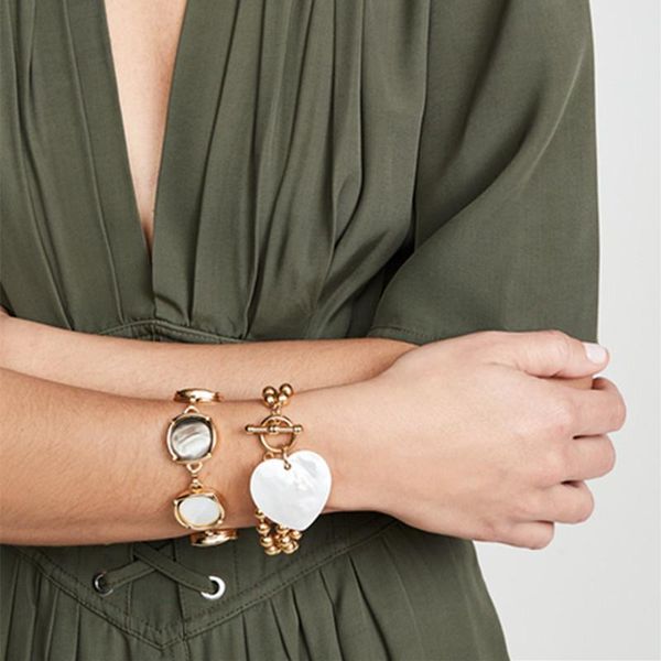 

korea new design acrylic metal natural stone geometric hexagon round bracelet for women girls gifts, Golden;silver