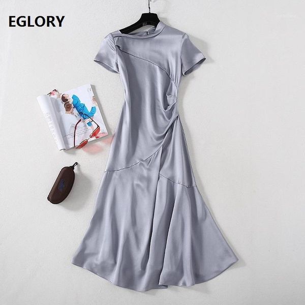 

casual dresses 2021 summer silk long dress women o-neck pleated ruffle short sleeve apricot grey a-line luxury1, Black;gray