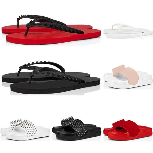 

slippers for men women red bottom spikes ladies beach slipper tide male home non-slip leather fashion casual flip flops size 38-46, Black
