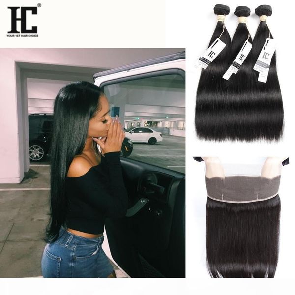 

hc hair 360 lace frontal with bundles brazilian human hair 3 bundles with frontal closure brazilian straight virgin hair with 360 frontal, Black;brown