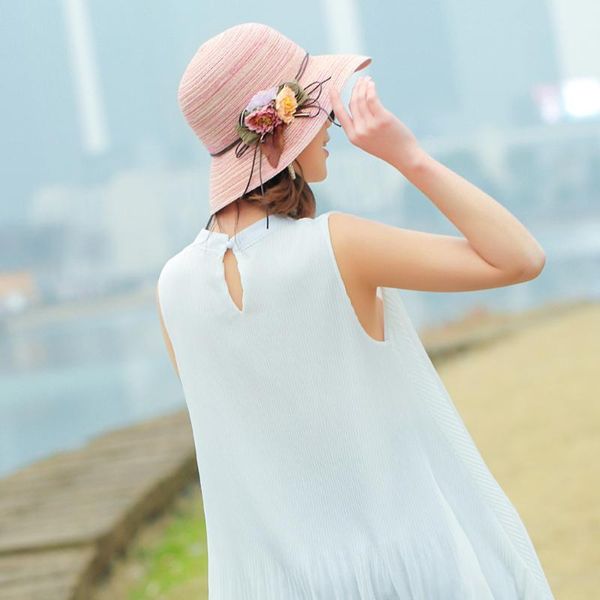 

summer flower straw hat women wide brim stripe sun hats beach uv protection foldable floppy sunhat female dome casual cap girls, Blue;gray