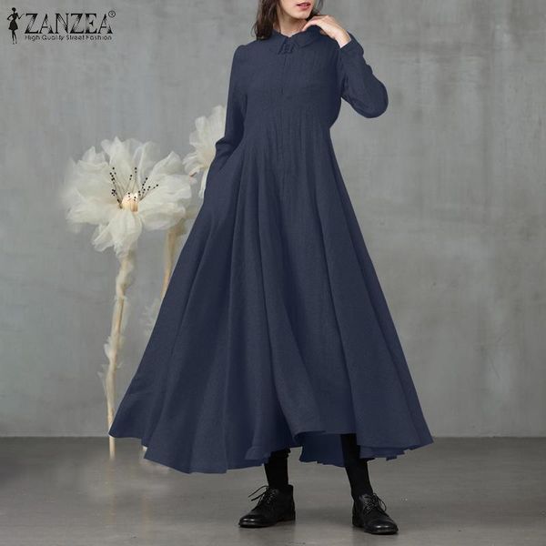 

vintage women maxi long dress spring autumn sundress zanzea casual solid a-line party vestidos kaftan lapel neck dresses robe, Black;gray