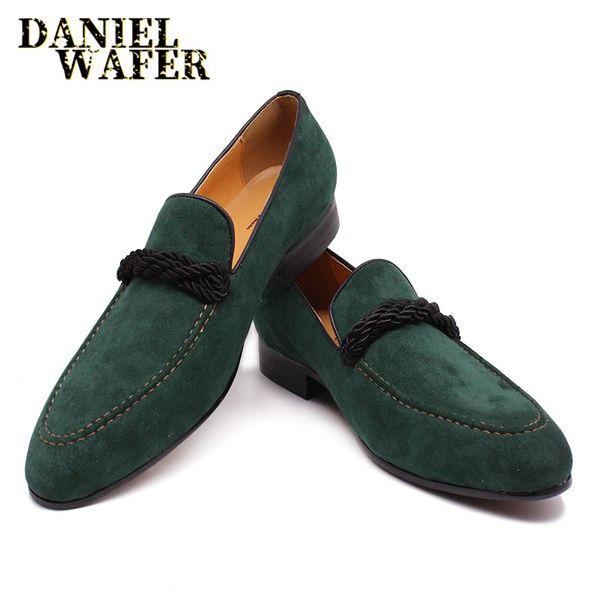 

luxury men's suede hand made slip on green casual penny loafers formal dress office wedding leather shoes men, Red;white