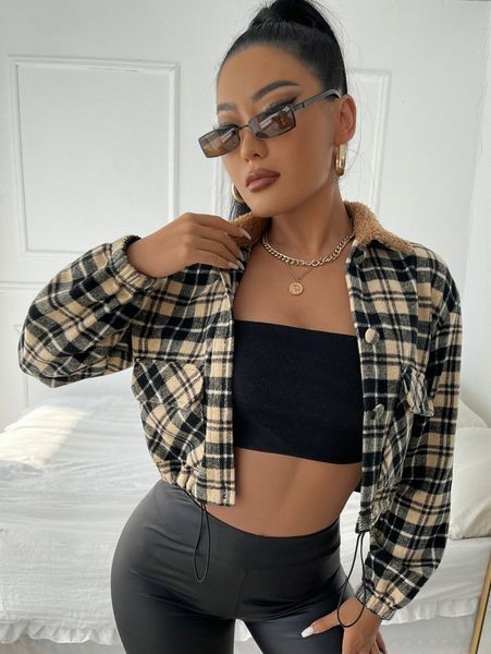 

plaid print borg collar drawstring crop jacket v6fl#, Black;brown