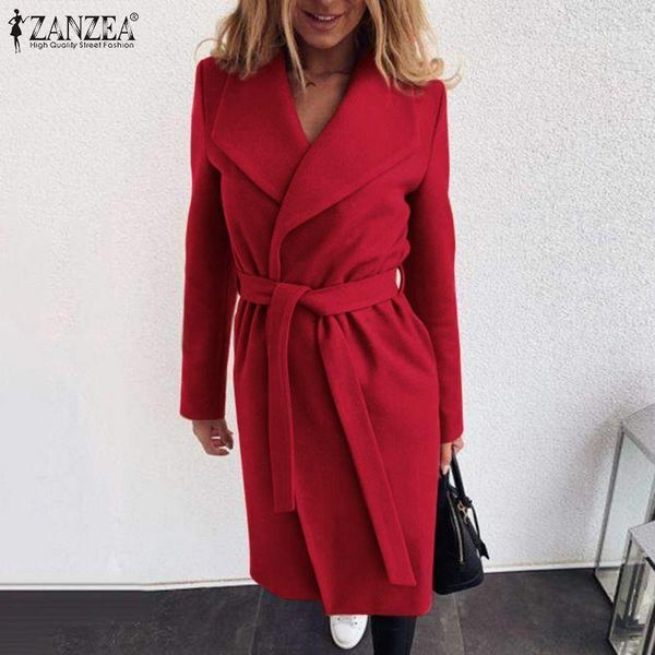 

female spring autumn woolen coats zanzea lapel waist belt solid outwear women's office work wear casual cardigan oversized 5xl1, Black