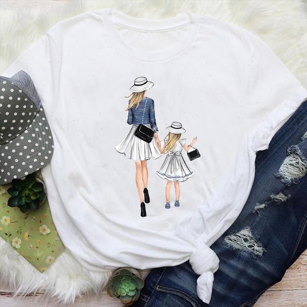 

women mom mama daughter fashion mother love cartoon short sleeve graphic tees clothes print lady female t shirt t shirt, White