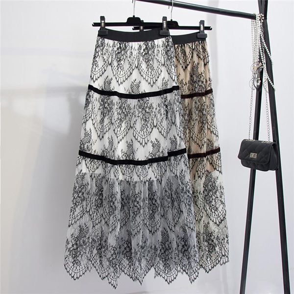 

2020 summer new women high waist slimming hollow crochet lace skirts casual simple all-match women long skirts, Black