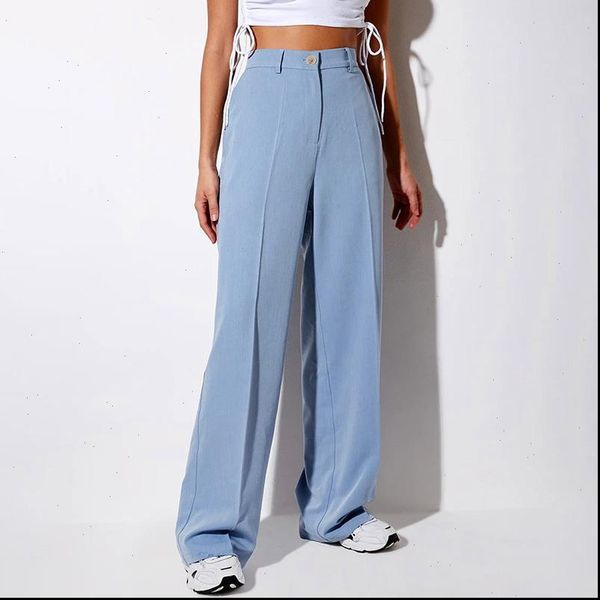 

high waist blue casual pants women fashion capris female straight office ladies casual trousers loose autumn2020 solid, Black;white