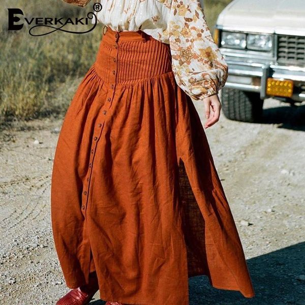 

everkaki boho long skirts women bottoms elastic waist buttons gypsy elegant ladies skirt female 2020 spring summer new fashion1, Black