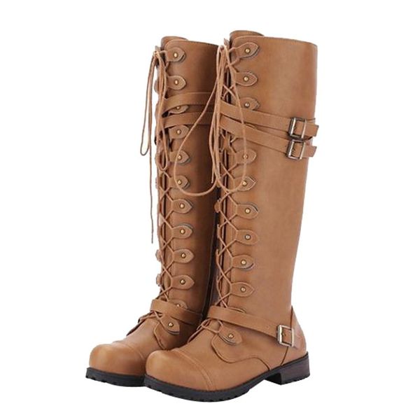 

women retro punk pu leather shoes gothic vintage solid buckle military combat long boots winter female rome shoes plus size lj201130, Black