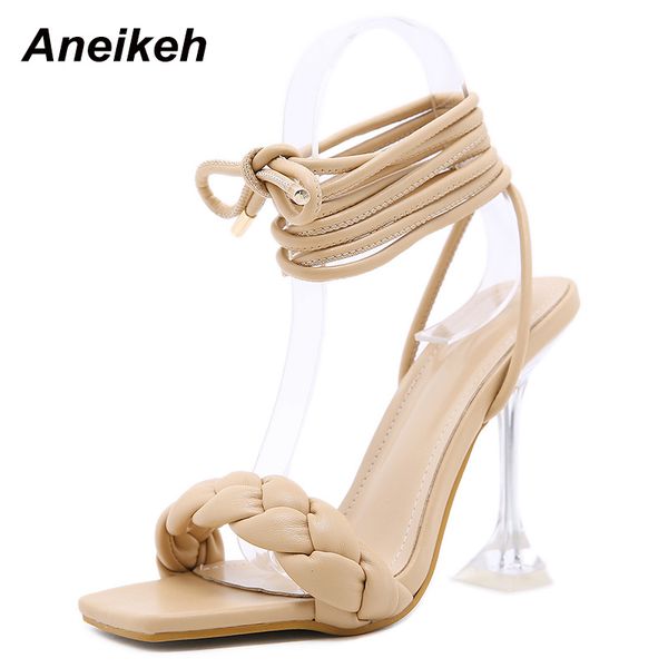 

aneikeh women's shoes cross-tied head peep toe patchwork fashion high heels wedding narrow band sandalias mujer new 2021 summer c0129, Black