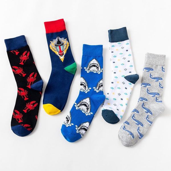 

harajuku hip hop streets clouds/sharks/whales/monkeys/lobsters happy socks men printing skarpetki men socks meias1, Black