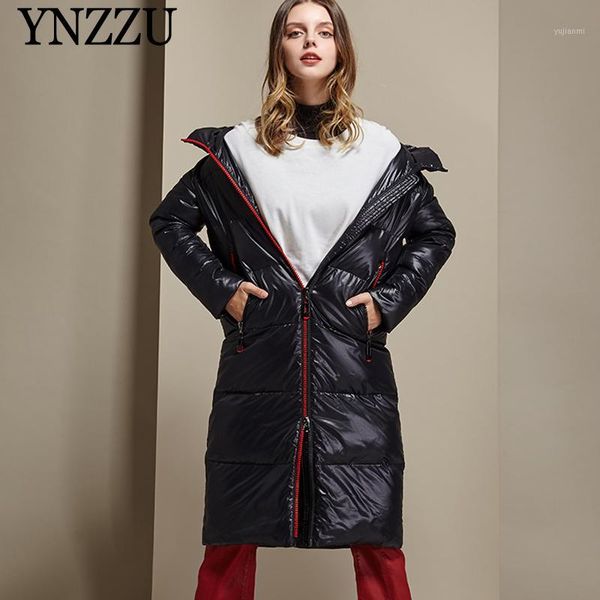 

ynzzu women long down jacket 2020 winter bright hooded female loose outwear large size casual thick warm coat ynzzu 9o1581, Black
