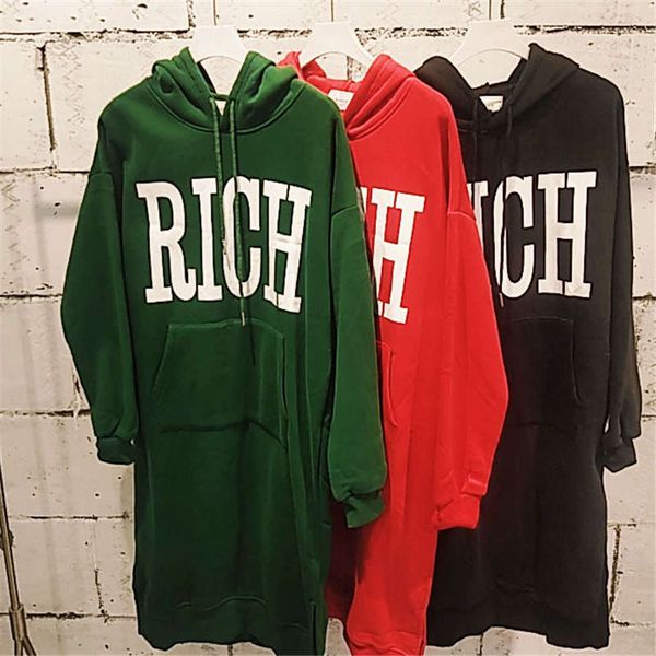 

winter new arrival women's rich letter priting hooded long sweatshirts plus velvet casual oversize sweater dress black green red size
