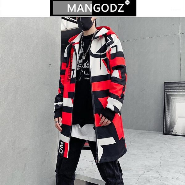 

men hooded jacket fashion print mens clothing mid-length vintage trench casual hip hop windbreaker for male loose oversize 1, Black;brown