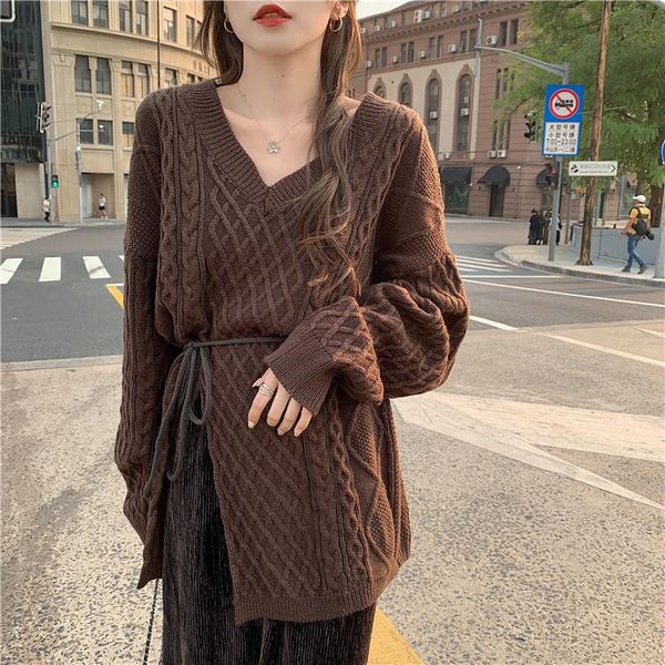 

qooth 2020 winter lady's sweater long sleeve v-neck pullovers ins split warm knitted jumper sweaters women qt246, White;black