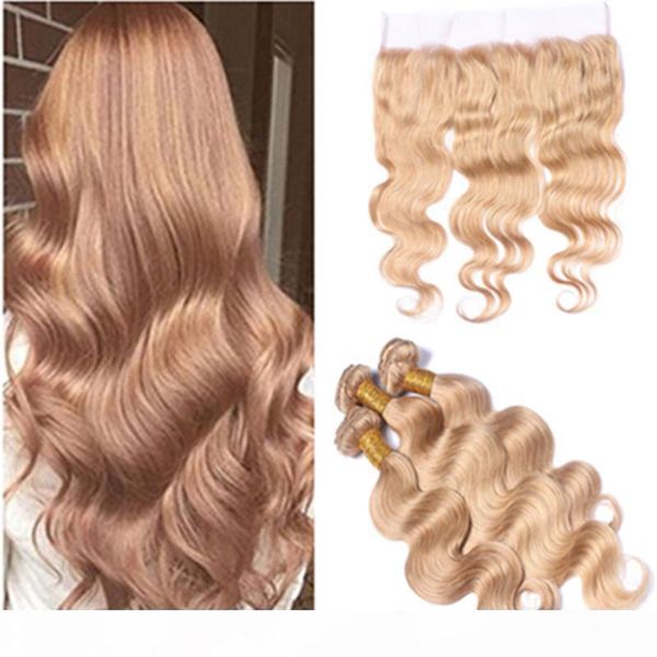 

#27 honey blonde virgin brazilian hair weaves with lace frontal closure body wave #27 strawberry blonde 3bundles with 13x4 full lace frontal, Black;brown