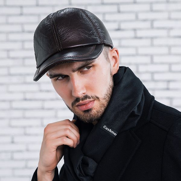 

winter simple leather ear protection leather cap men's business first layer cowhide baseball cap new style, Blue;gray