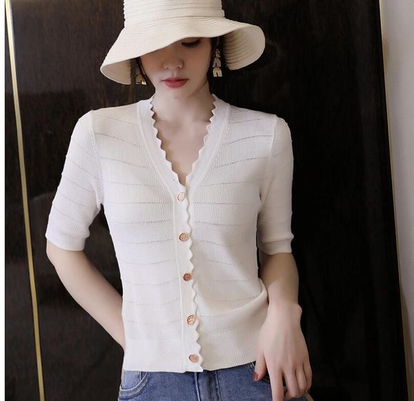 

new fashion 2021 summer wave v neck knit fine elasticity female casual girl single-breasted jacket womens 13p63 u73i, White;black