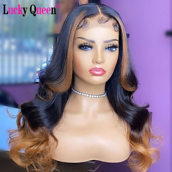 

lucky queen brazilian remy loose wave hair highlight colored transparent lace part human hair wigs pre plucked for black women, Black;brown