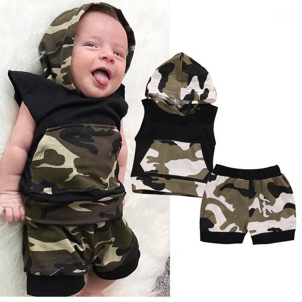 

running sets toddler kids baby boys summer camouflage sleeveless hoodie t-shirt+shorts set 0-24m1, Black;blue