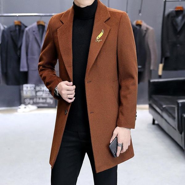 

men's wool and cotton blend coat autumn and winter new solid color high-quality men's slim mid-length lapel trench coat1, Black
