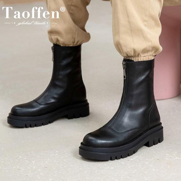 

taoffen women real leather mid calf boots front zipper round toe shoes winter warm boots women fashion party footwear size 34-40, Black