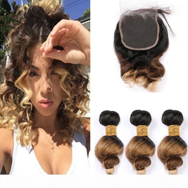 

loose wave peruvian 3tone ombre human hair bundles with closure #1b 4 27 ombre wavy virgin hair lace closure with weave bundles, Black