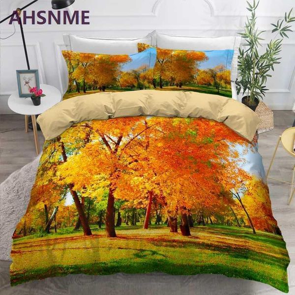 

ahsnme 3d autumn deep forest scenic bedding set red quilt cover with pillowcase no sheets comforter bedding sets  king size1