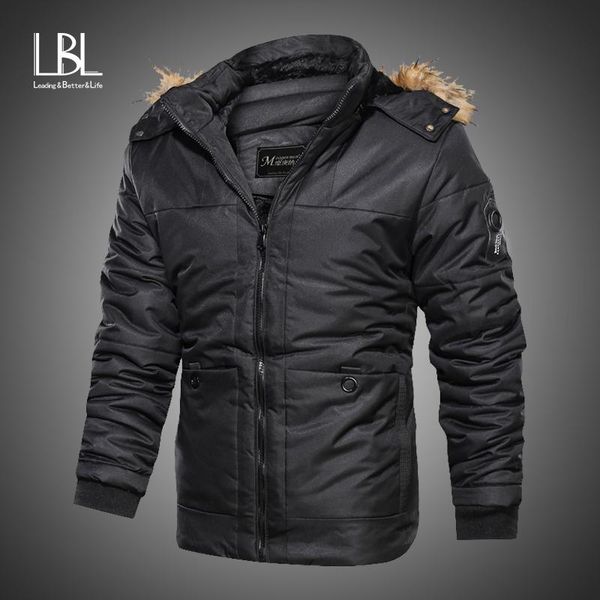 

winter men faux fur collar parkas thick cotton warm fleece jacket coat men hooded pockets outwear waterproof jackets parka, Black