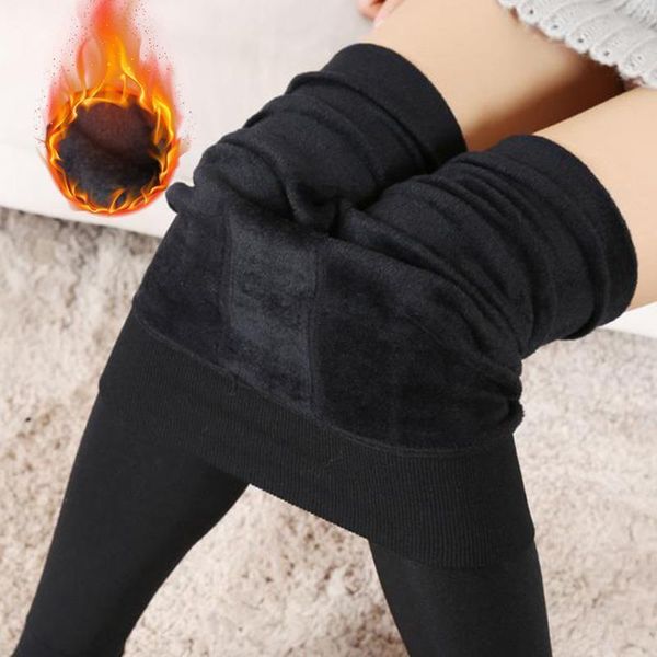 

women winter thicken warm fleece lined thermal stretchy leggings pants ladies solid slim pants female casual trousers, Black