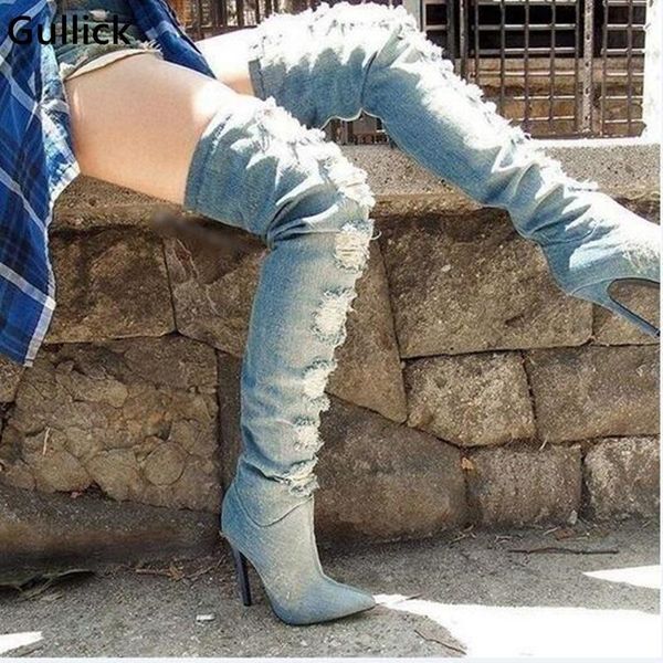 

blue denim over the knee boots pointed toe ripped jeans tight high boot side zipper high thin heel shoes woman hollow out, Black