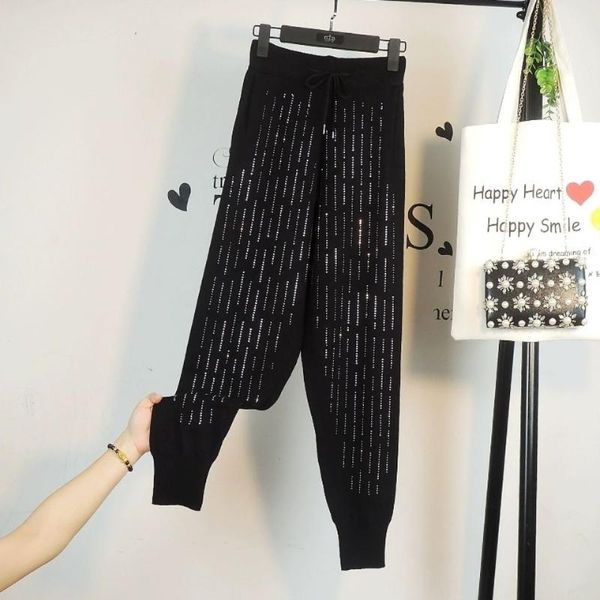 

women's pants & capris fashion striped rhinestone for women high waist casual female loose autumn winter black knitted sweat vintage, Black;white