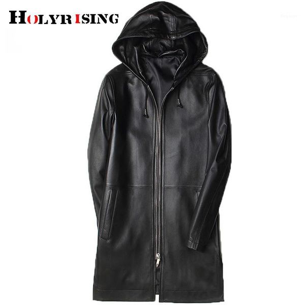 

holyrising men's sheepskin leather coat long hooded windbreaker coat fur spring and autumn men genuine leather 19003-51, Black