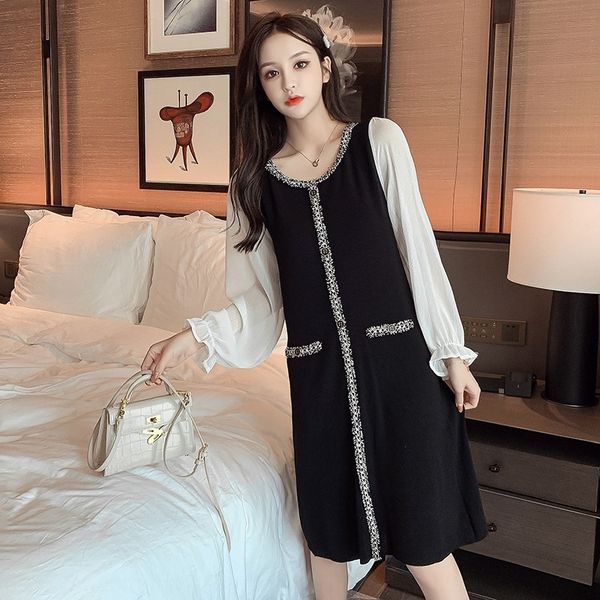

французские немного dresshorn dressblack юбка талия хепберн стиль осень платье 2020 новых женщин тонкой сплайсинги расклешенного рукав u-обр, White;black