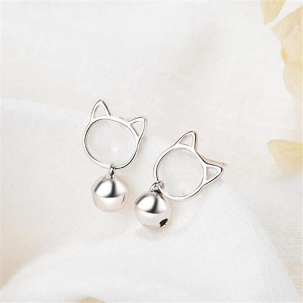 

cartoon anime real 100% 925 sterling silver cute sweet cat bell stud earrings for women girl female sterling-silver-jewelry e088, Golden;silver