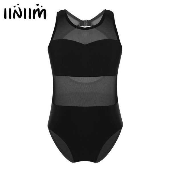 

iiniim teen ballerina performance bodysuit mesh splice cutout back ballet dance gymnastics leotard kids girls jumpsuit dancewear, Black;red