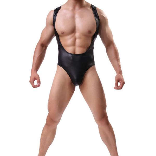 

3Pieces/Lot Sexy Lingerie Bodysuit Mens Body Shaper Bodybuilding Jumpsuit Mens Bodysuit Imitation Leather Mens Wrestling Singlet Body Suits, Black
