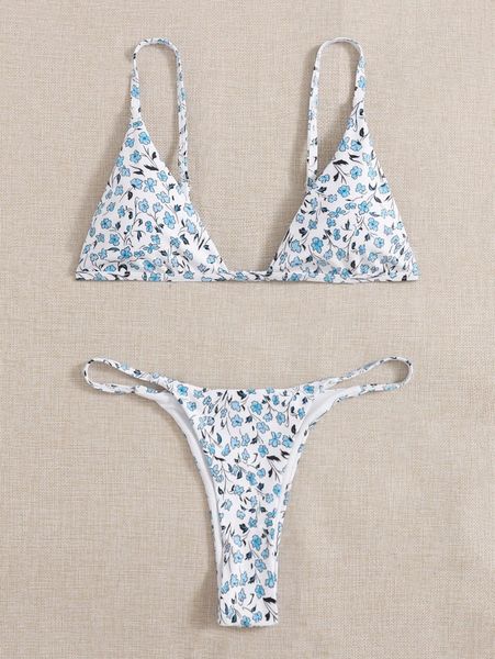 

floral print triangle thong bikini swimsuit i63z#, White;black
