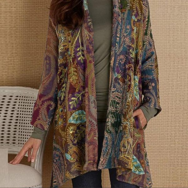 

women winter coat vintage floral print long sleeve jacket women pocket plus size jacket cardigan coat clothes, Black;brown