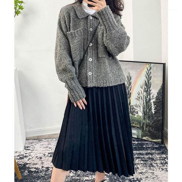 

women sweater 2020 autumn and winter new simple temperament loose and thin gray lapel knitted cardigan women1, White