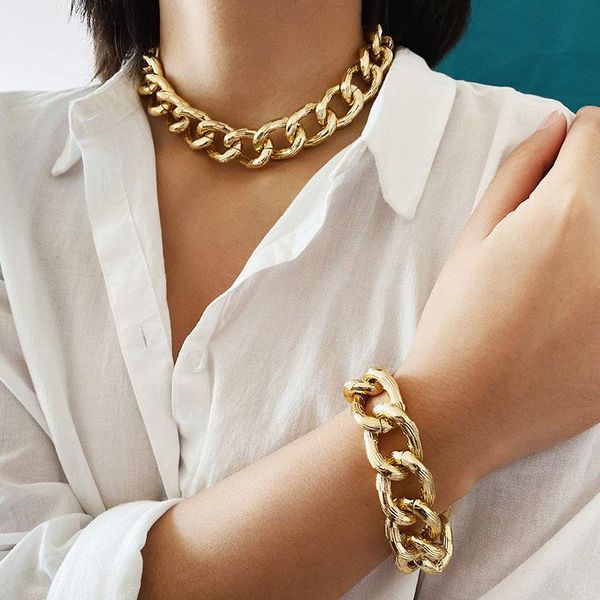 

punk exaggerated thick chain choker necklace for women vintage hiphop geometric chocker collar jewelry necklace bracelet xr2913, Golden;silver