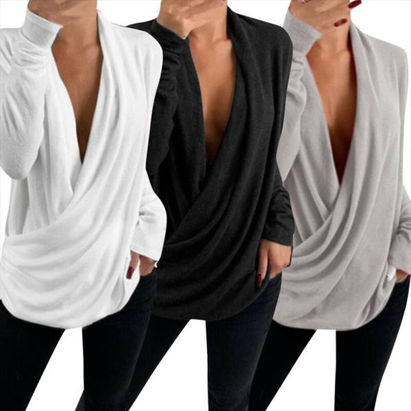 

solid low cut long sleeve shirt women pleated wrap casual oblique ribbon female blouse autumn clothing, White