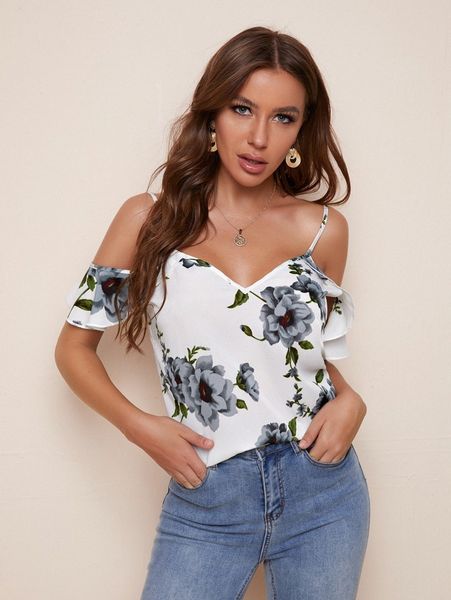 

floral print open-shoulder cami m8ug#, White